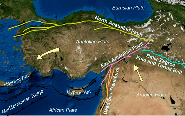 mapa placas tectonicas Turquia y Siria