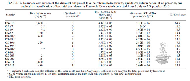 tabla analisis petroleo y abundacia bacterias