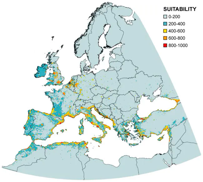 posible mapa de la invasión de hormiga roja de fuego en Europa