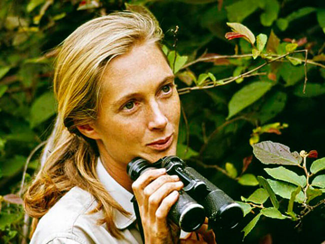 Jane Goodall joven con prismaticos