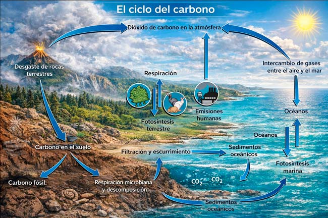 Esquema o dibujo del ciclo del carbono con sus etapas y procesos