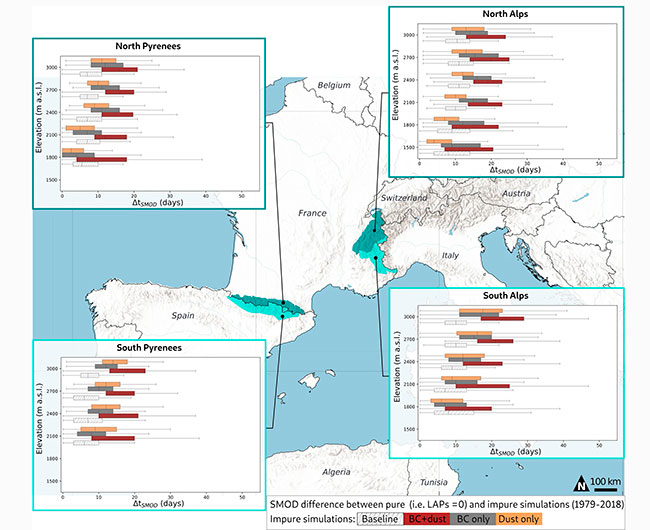 Figura 1 del estudio sobre el efecto de las deposiciones de carbono negro y polvo en deshielo de nieve de Pirineos y Alpes franceses