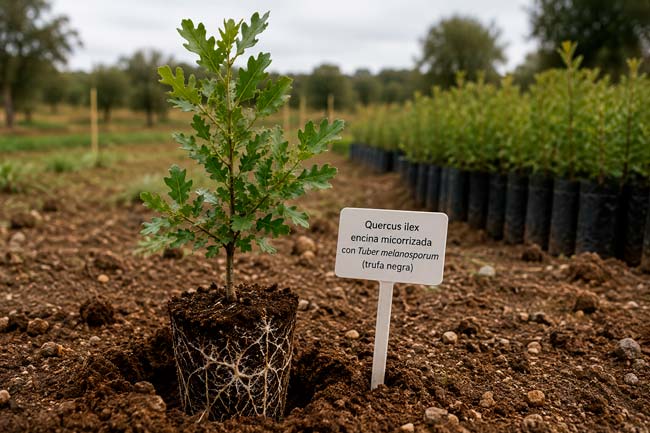 Plantones micorrizados en vivero para cultivar setas asociadas a árboles