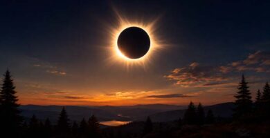Eclipse solar total sobre un paisaje de montaña durante el oscurecimiento del cielo