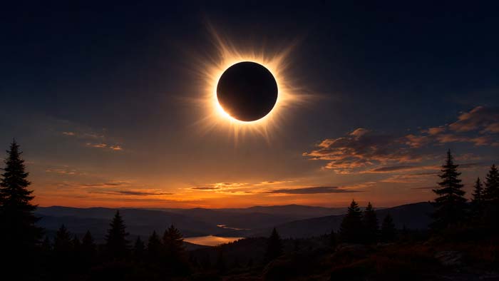 Eclipse solar total sobre un paisaje de montaña durante el oscurecimiento del cielo