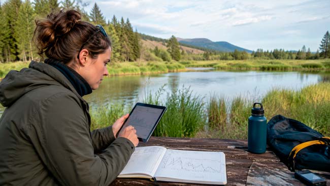 Investigadora analizando series temporales de datos hidrológicos para estudiar la evolución de las aguas subterráneas
