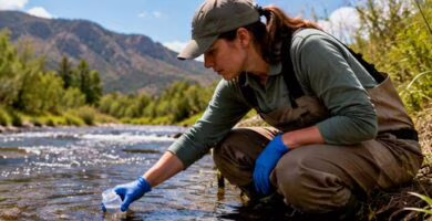 Investigadora tomando una muestra de agua para analizar ADN ambiental y detectar especies