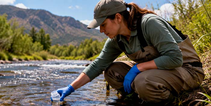 Investigadora tomando una muestra de agua para analizar ADN ambiental y detectar especies