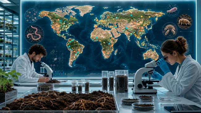 Investigadores analizando muestras para elaborar un atlas mundial de biodiversidad del suelo