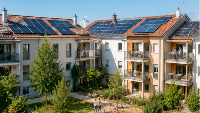 Edificios residenciales con paneles solares utilizados por varios vecinos en un sistema de autoconsumo colectivo