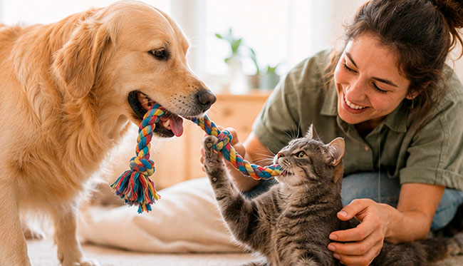 Perro y gato disfrutando de juego, atención y cuidados junto a una persona