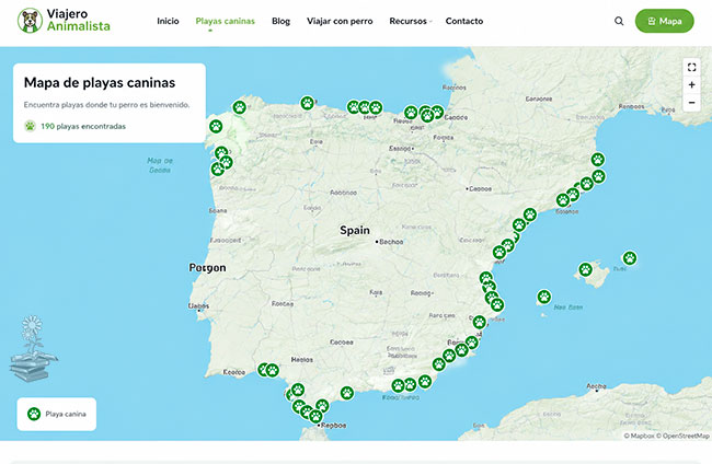 Mapa de playas caninas de España disponible en Viajero Animalista