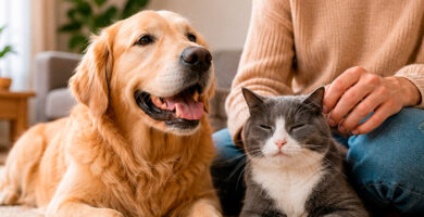 bienestar animal, perro y gato tranquilos en un entorno doméstico, portada