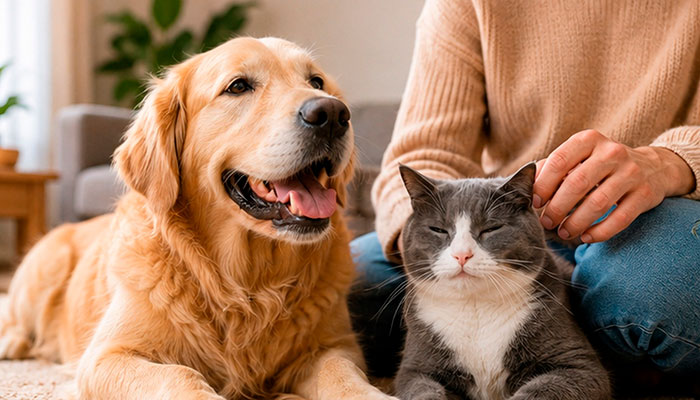 bienestar animal, perro y gato tranquilos en un entorno doméstico, portada