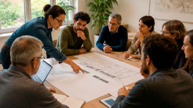 Vecinos y representantes locales reunidos para organizar un proyecto de energía renovable comunitaria
