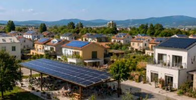 Barrio con viviendas y paneles solares compartiendo energía mediante una comunidad energética