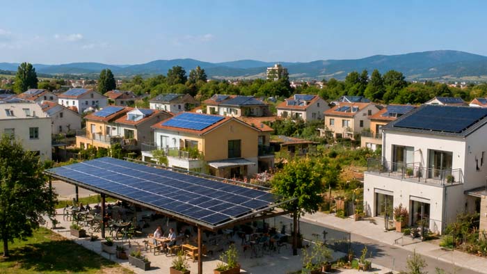 Barrio con viviendas y paneles solares compartiendo energía mediante una comunidad energética
