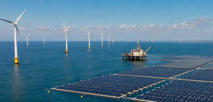 Parque eólico marino combinado con paneles solares flotantes para producir hidrógeno verde