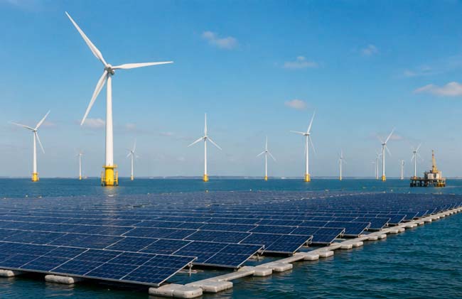 Aerogeneradores marinos y paneles solares flotantes compartiendo una zona de producción renovable