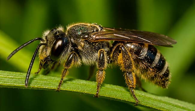 Abeja silvestre alimentándose en un entorno urbano expuesto a diferentes contaminantes