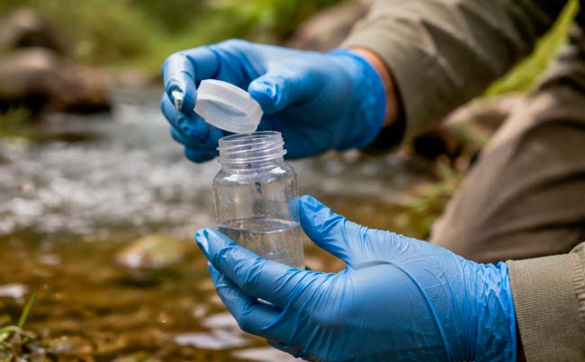 Recogida de una muestra de agua de río para detectar ADN ambiental de distintas especies
