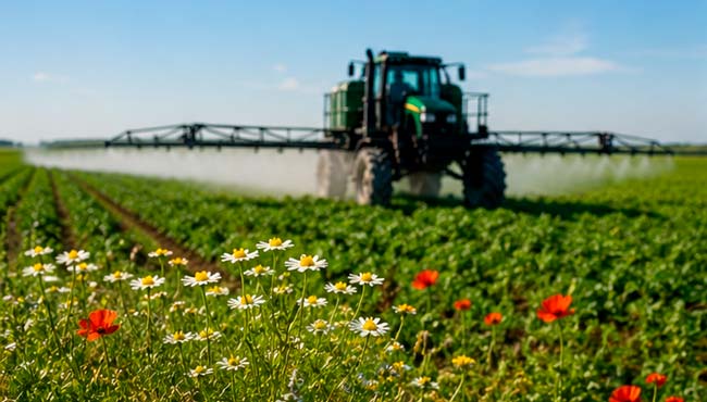 Aplicación de pesticidas en un cultivo donde pueden alimentarse abejas silvestres