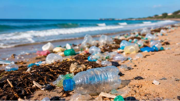 Residuos plásticos visibles acumulados en una playa y en la costa