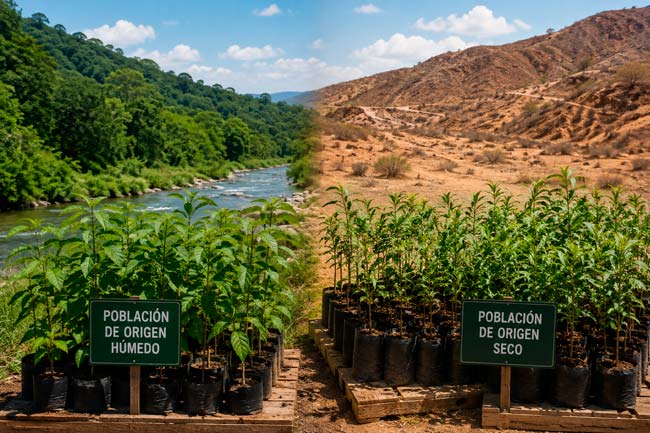 Plántulas de árboles de poblaciones procedentes de ambientes húmedos y secos para estudiar su distinta adaptación a la disponibilidad de agua