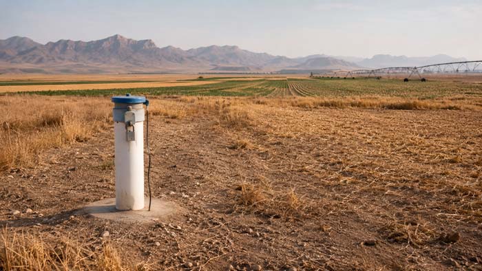 Pozo de control en una llanura agrícola para vigilar el agua subterránea en un contexto de sequía y sobreexplotación