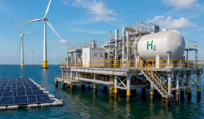 Instalación marina de electrólisis alimentada por energía eólica y solar para producir hidrógeno verde