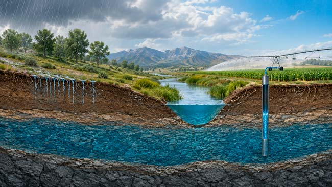 Esquema del funcionamiento de un acuífero con recarga, almacenamiento y extracción de agua subterránea