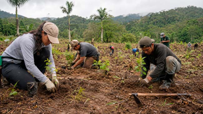 Personas plantando árboles nativos en un proyecto de restauración de bosque tropical