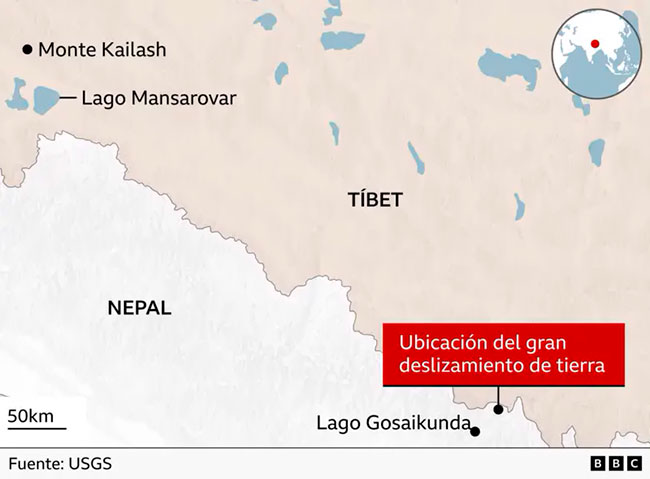 mapa que indica dónde ocurrió la riada de Nepal y Tibet