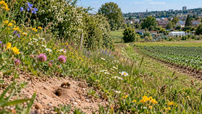 Abeja silvestre junto a un nido en el suelo, rodeada de flores y un paisaje agrícola diverso