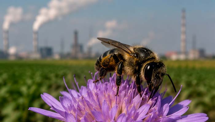 abeja silverte sobre flor rosa cerca de una ciudad, portada