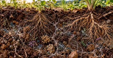 Suelo con raíces y microorganismos representados junto a una doble hélice de ADN como indicador de la salud del ecosistema edáfico