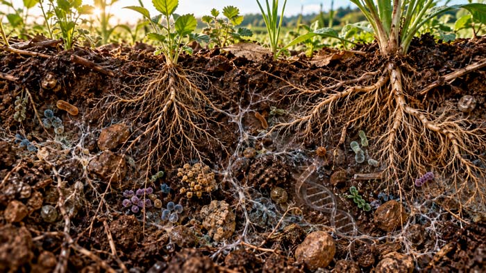Suelo con raíces y microorganismos representados junto a una doble hélice de ADN como indicador de la salud del ecosistema edáfico