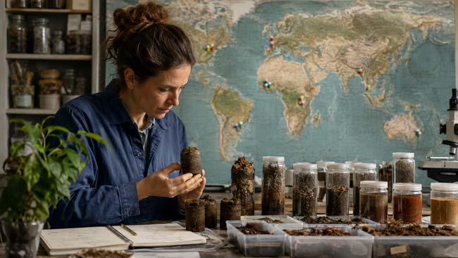 Investigadora analizando muestras de suelo de distintas regiones para ampliar el conocimiento global sobre la biodiversidad microbiana