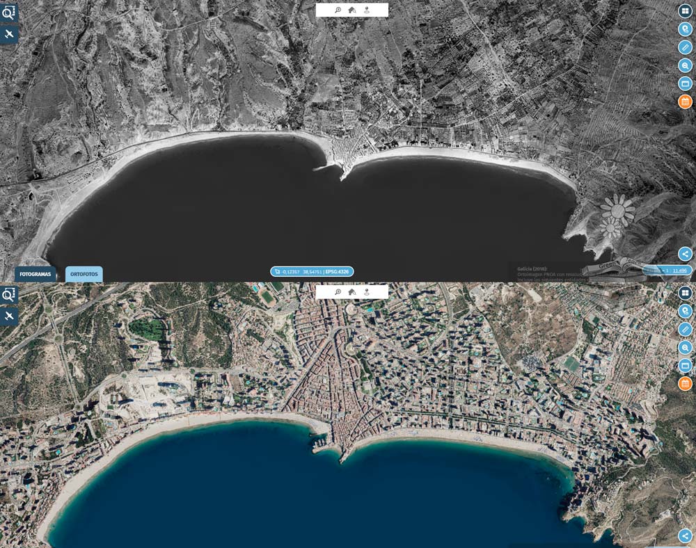 Comparativa de Benidorm en 1956 y en la actualidad tras su gran expansión urbana