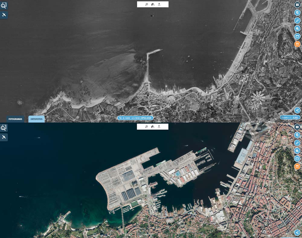 Comparativa de la costa de Bouzas en Vigo en 1956 y las actuales superficies portuarias ganadas al mar