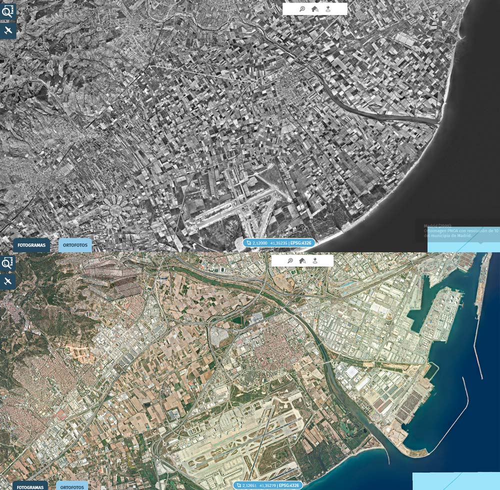 Comparativa del delta del Llobregat en 1956 y en la actualidad mostrando su transformación por infraestructuras