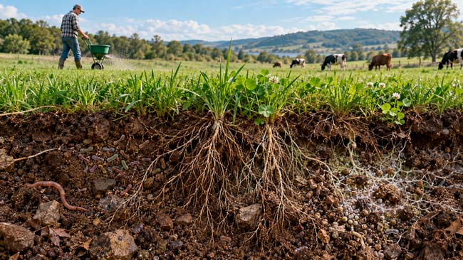 Representación científica de cómo la fertilización modifica el pH del suelo y reorganiza su microbioma bacteriano
