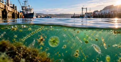 Fitoplancton microscópico en agua costera junto a un entorno portuario, representando la incorporación de contaminantes orgánicos