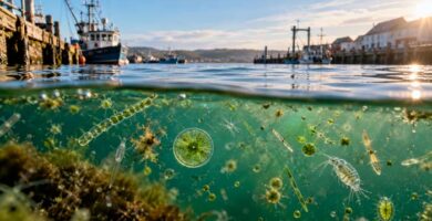 Fitoplancton microscópico en agua costera junto a un entorno portuario, representando la incorporación de contaminantes orgánicos