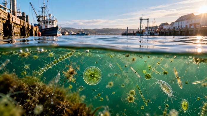 Fitoplancton microscópico en agua costera junto a un entorno portuario, representando la incorporación de contaminantes orgánicos