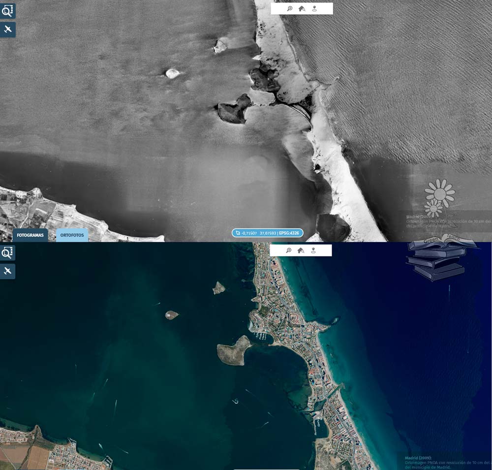 Comparativa de La Manga del Mar Menor antes de su urbanización y en la actualidad