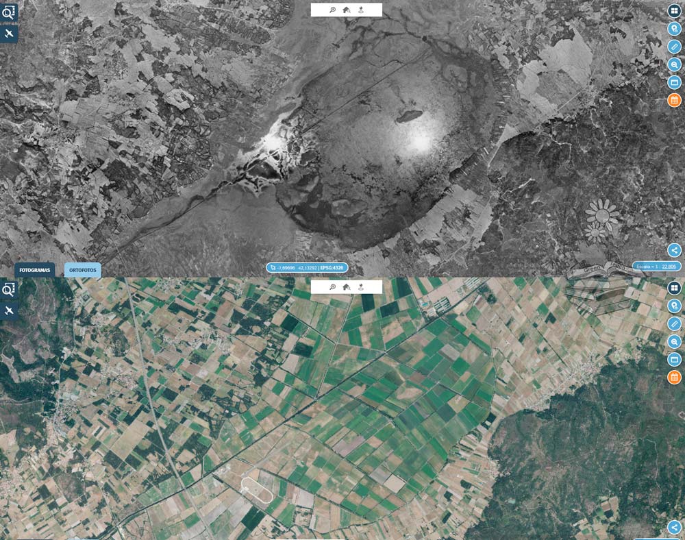 Comparativa de la laguna de Antela en 1956 y del paisaje agrícola actual de A Limia