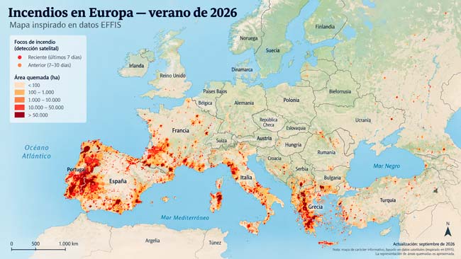 Mapa de EFFIS con incendios y superficie quemada en Europa durante el verano de 2026
