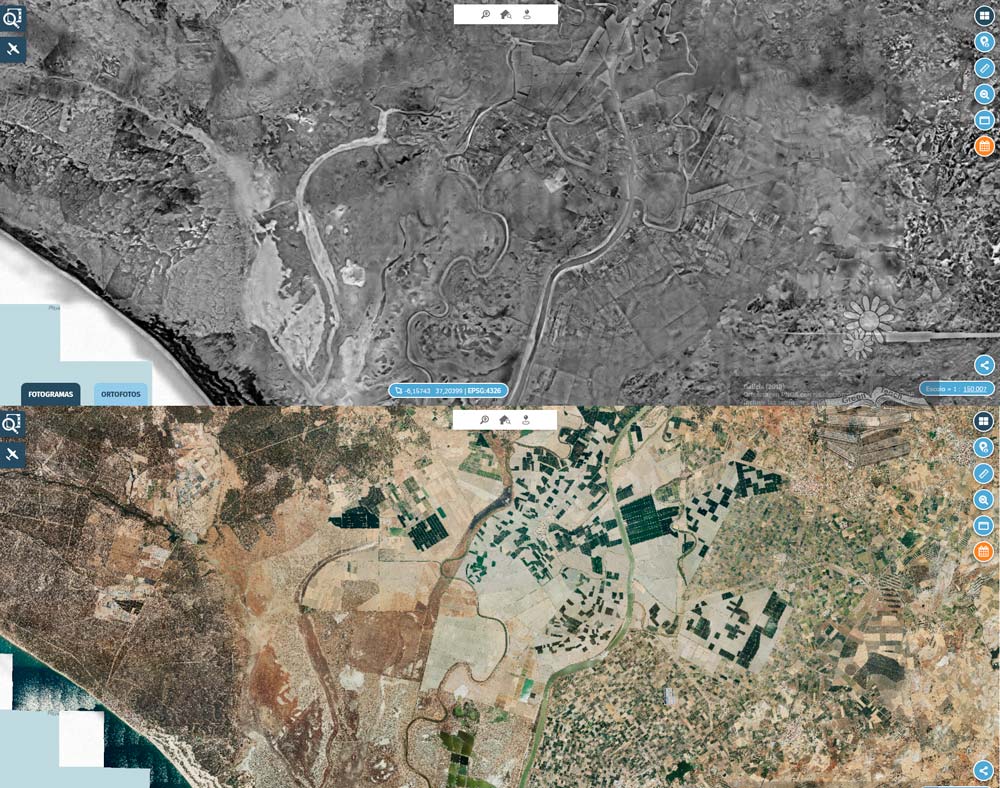 Comparativa de las marismas del Guadalquivir e Isla Mayor en 1956 y en la actualidad