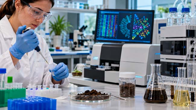 Análisis de laboratorio que combina ADN microbiano y química de la materia orgánica de una muestra de suelo